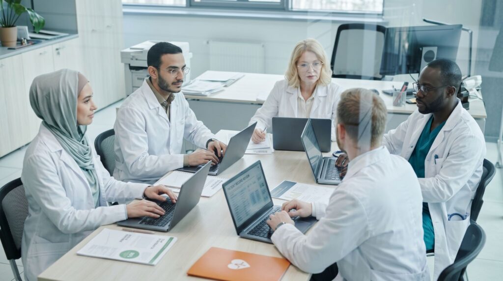 Diverse group of healthcare executives reviewing workforce data on laptops in a conference room