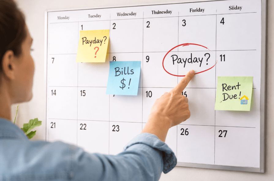 Woman experiencing income volatility, not knowing when next payday is and having bills do