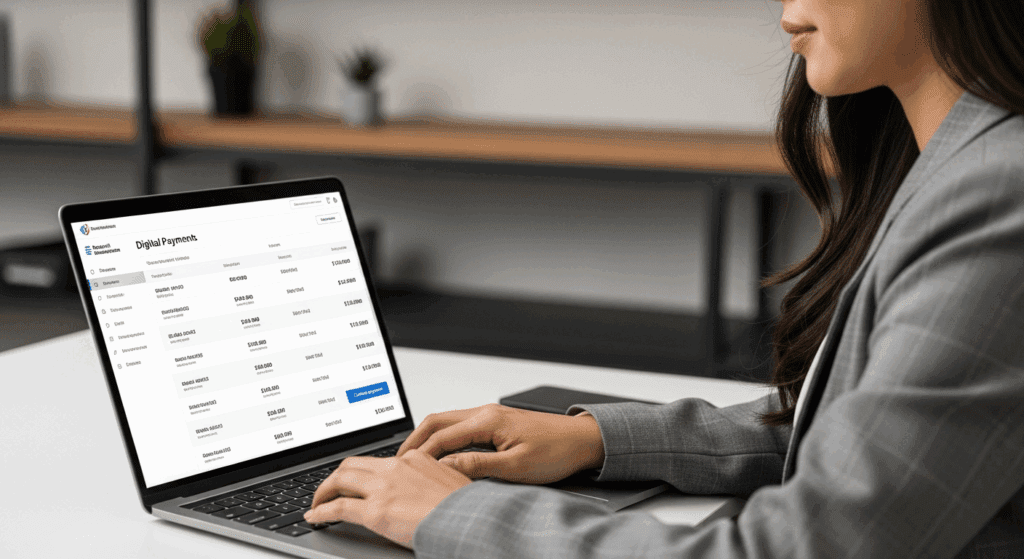 administrator using laptop to process digital payments