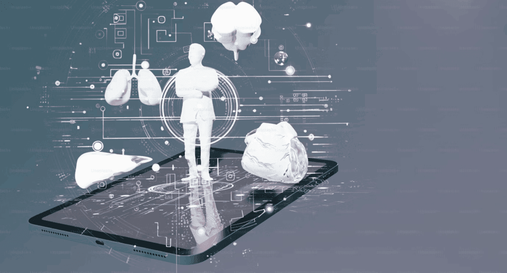 Tiny person standing on top of a large smartphone, representing digital dominance