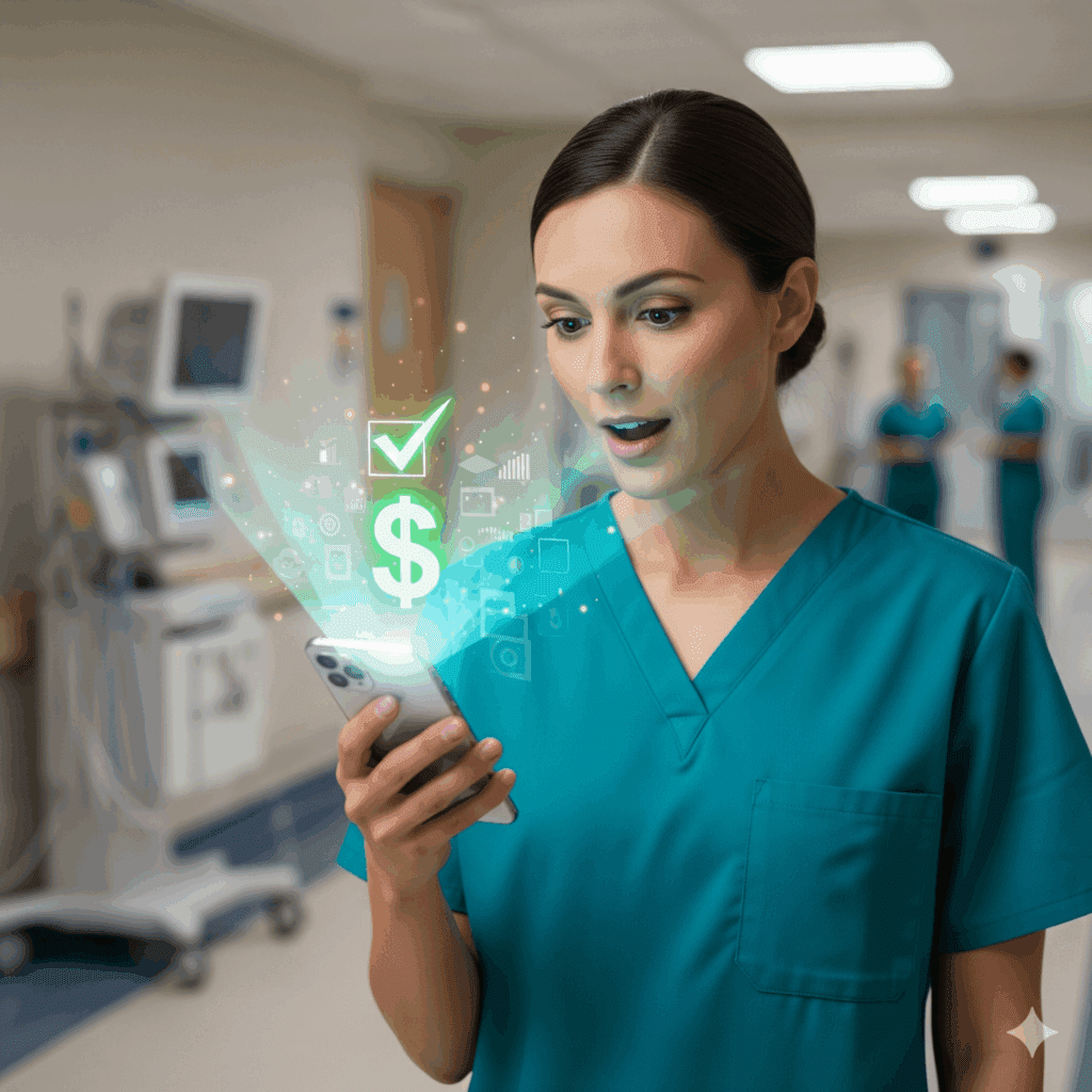 medical employee looking at her phone and getting paid instantly