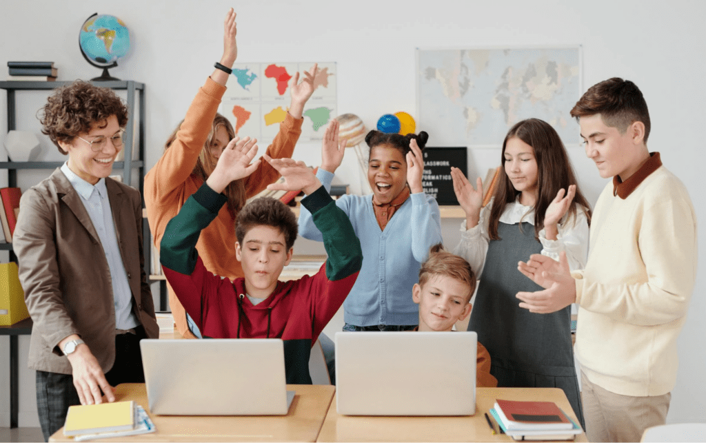happy teacher in a well-organized classroom