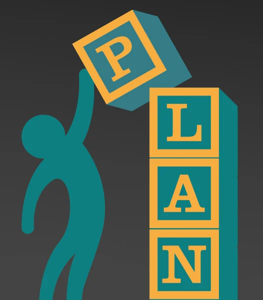 Graphic of a person stacking blocks spelling out PLAN