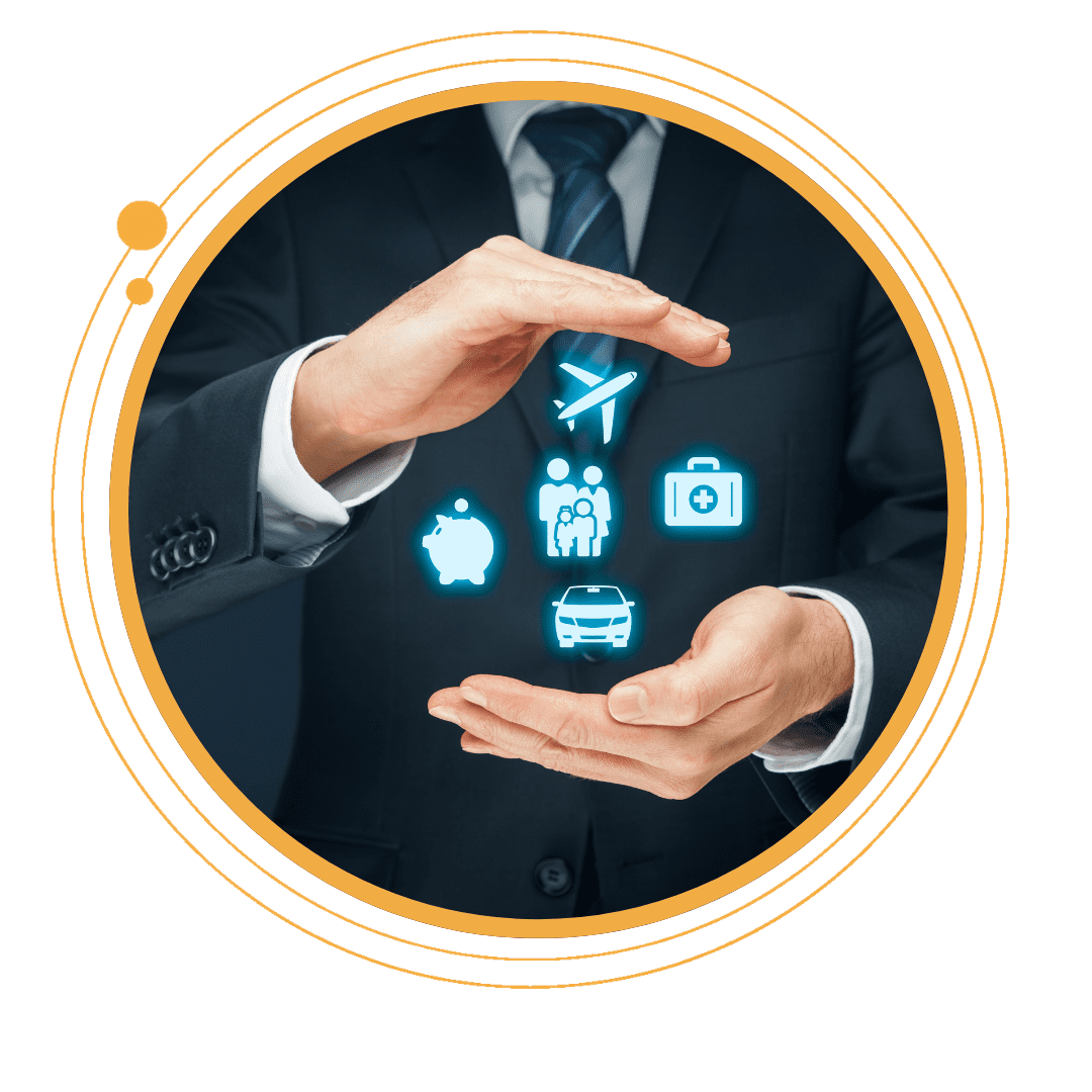 Businessman sheltering icons for travel, family, health, auto and savings coverage