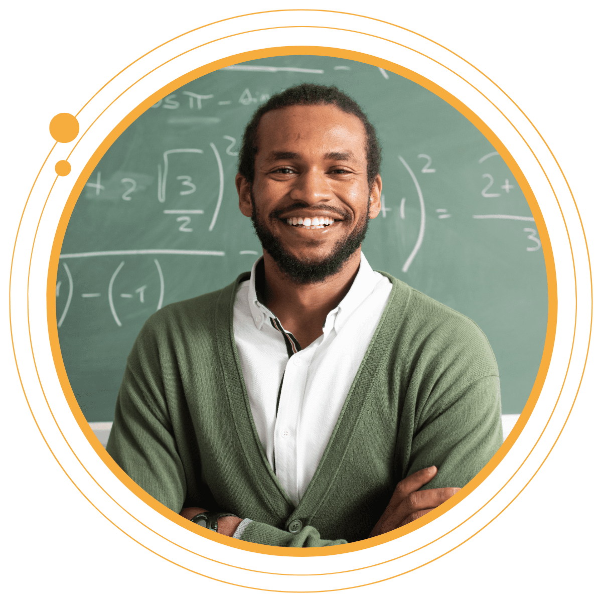 A teacher in front of a chalk board