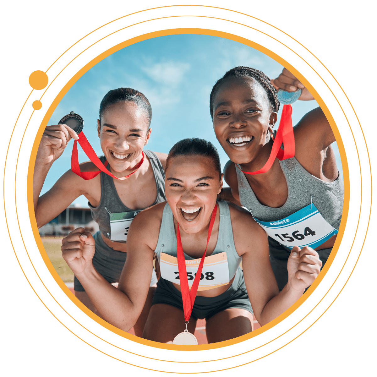 University runners celebrating with their first medals
