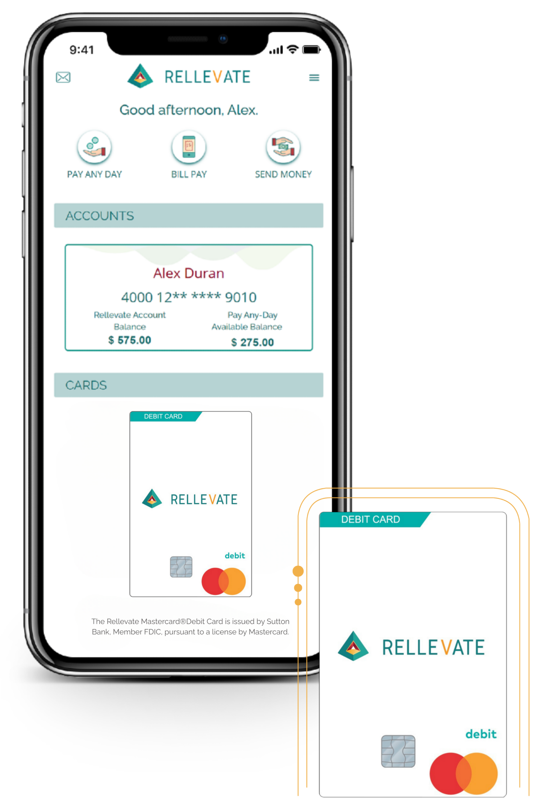 Rellevate app home screen on a phone next to a Rellevate Mastercard debit card