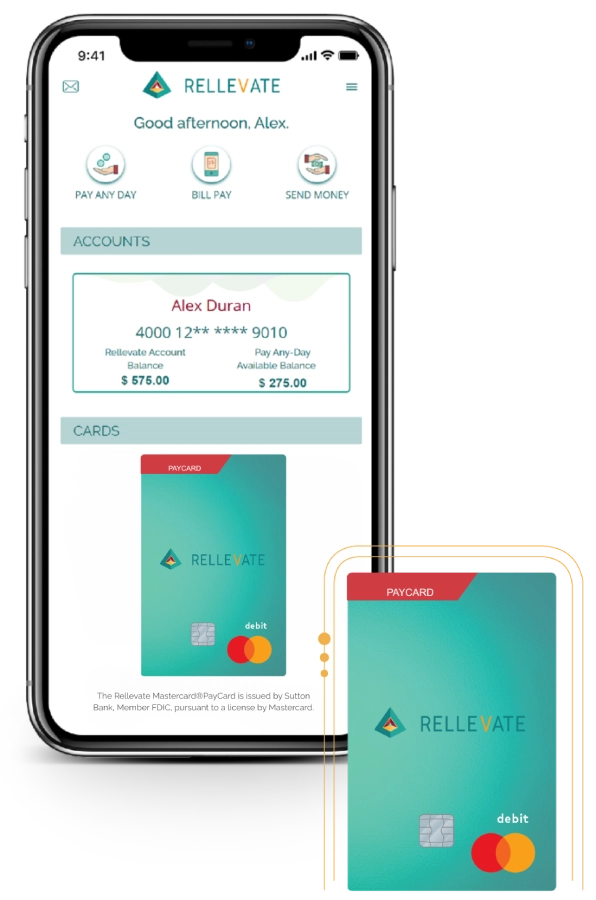 Rellevate Pay Any-Day Mastercard shown beside the Rellevate mobile app