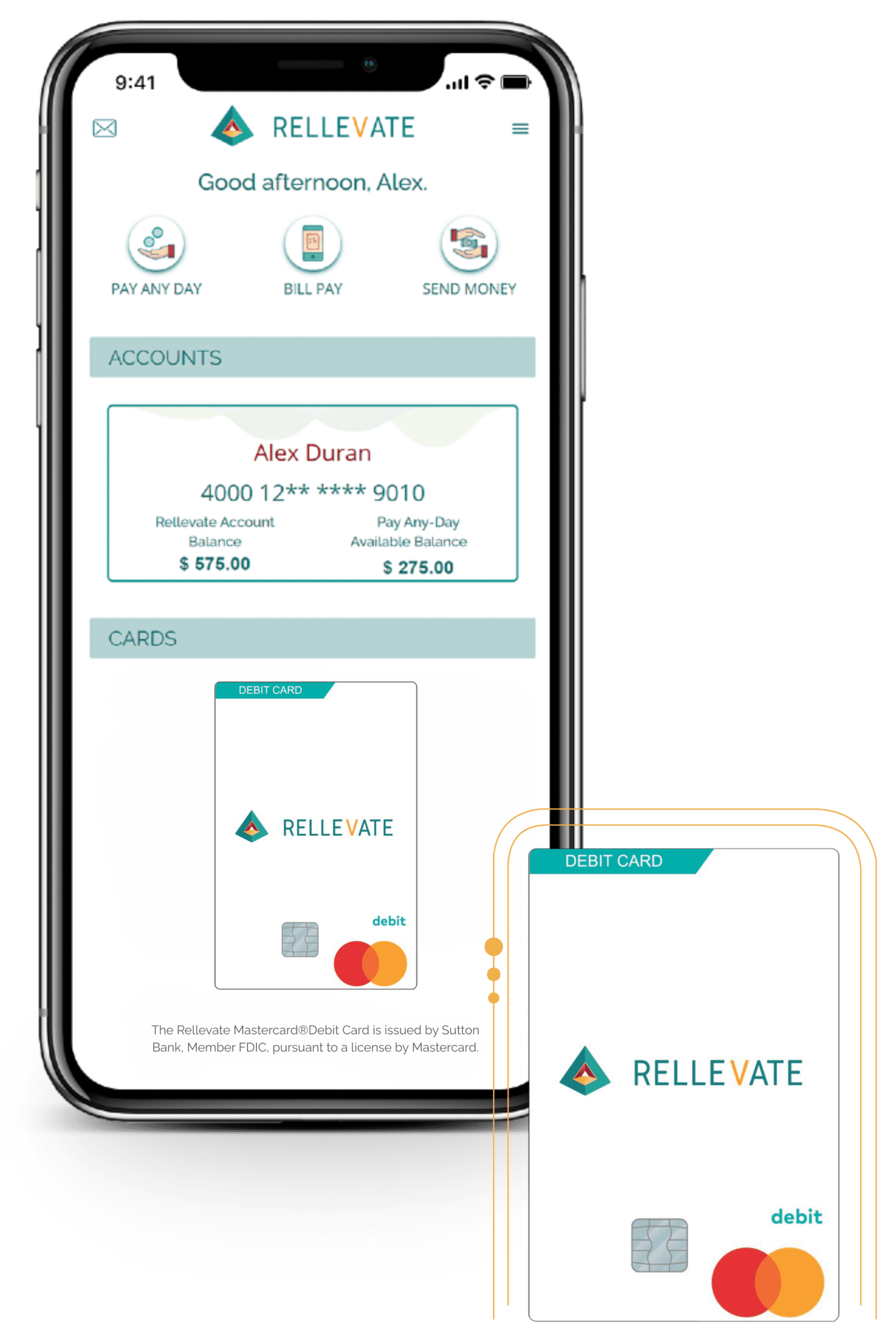 Rellevate Mastercard debit card and the Rellevate mobile app