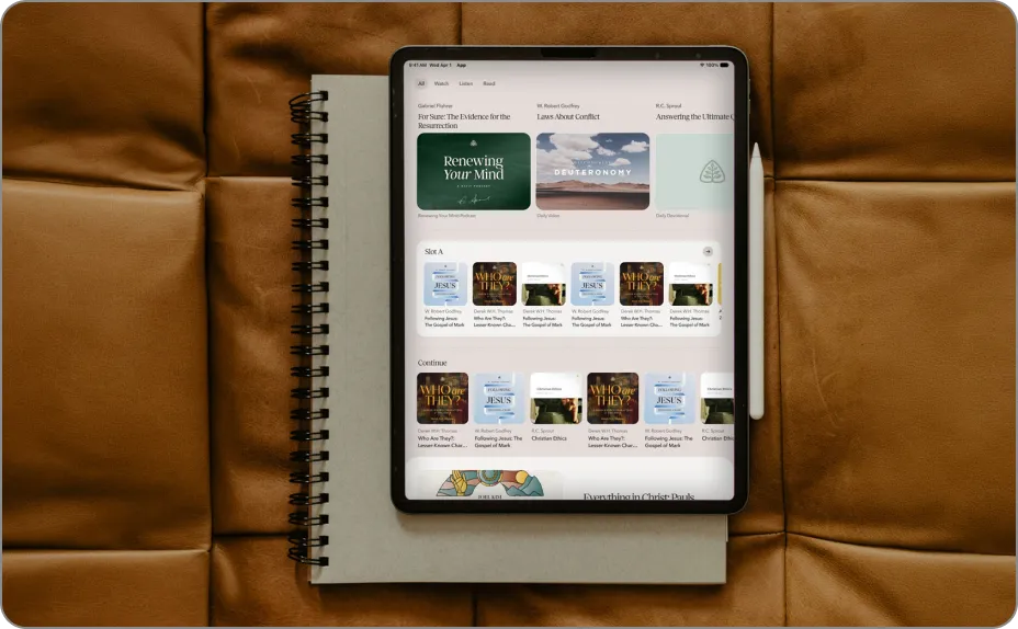 A tablet showing a personal library of ebooks and study guides in the Grow app