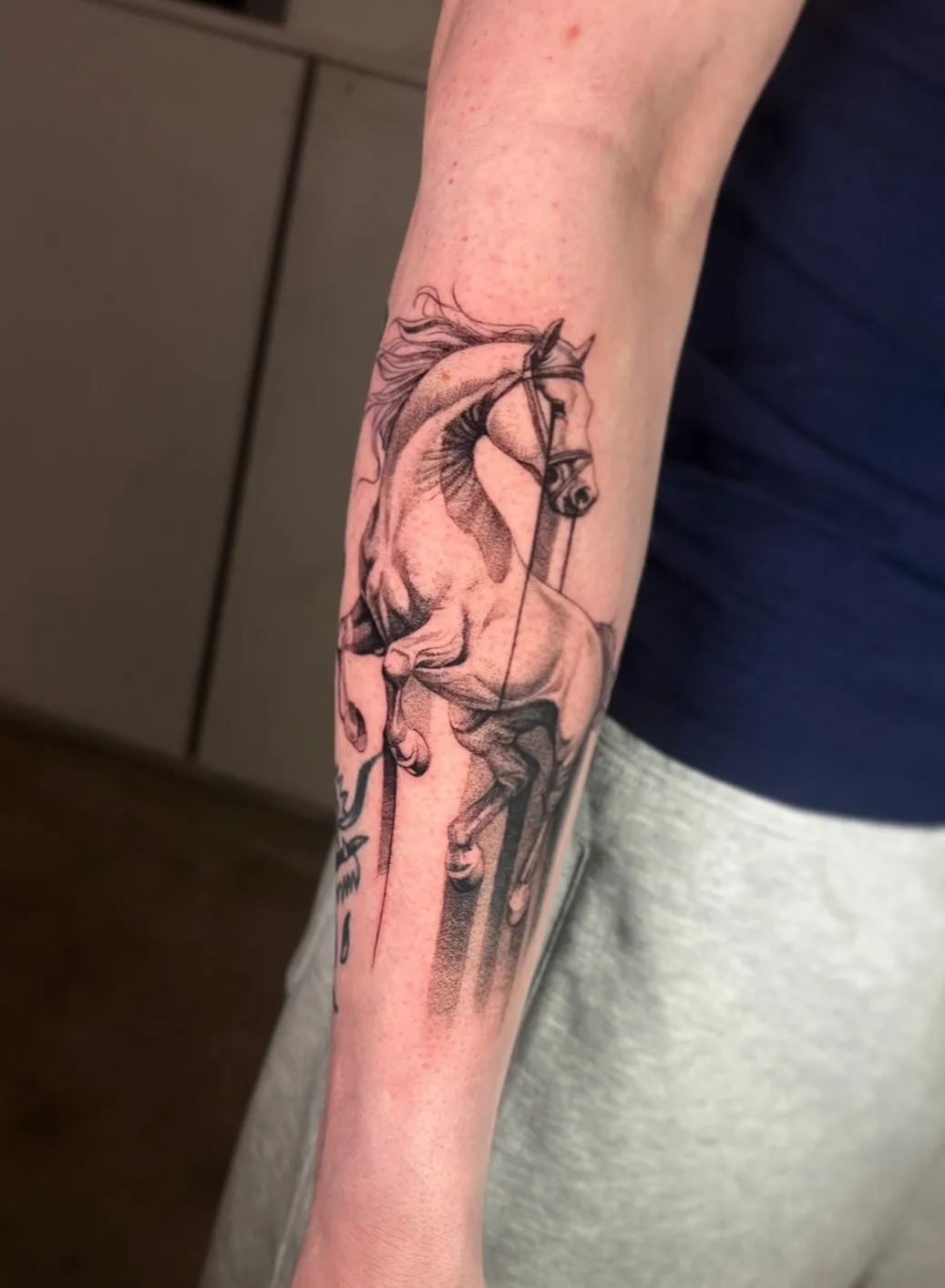 Black and grey horse tattoo on the forearm by Livi Muir at SANS PATRIE/ STUDIO