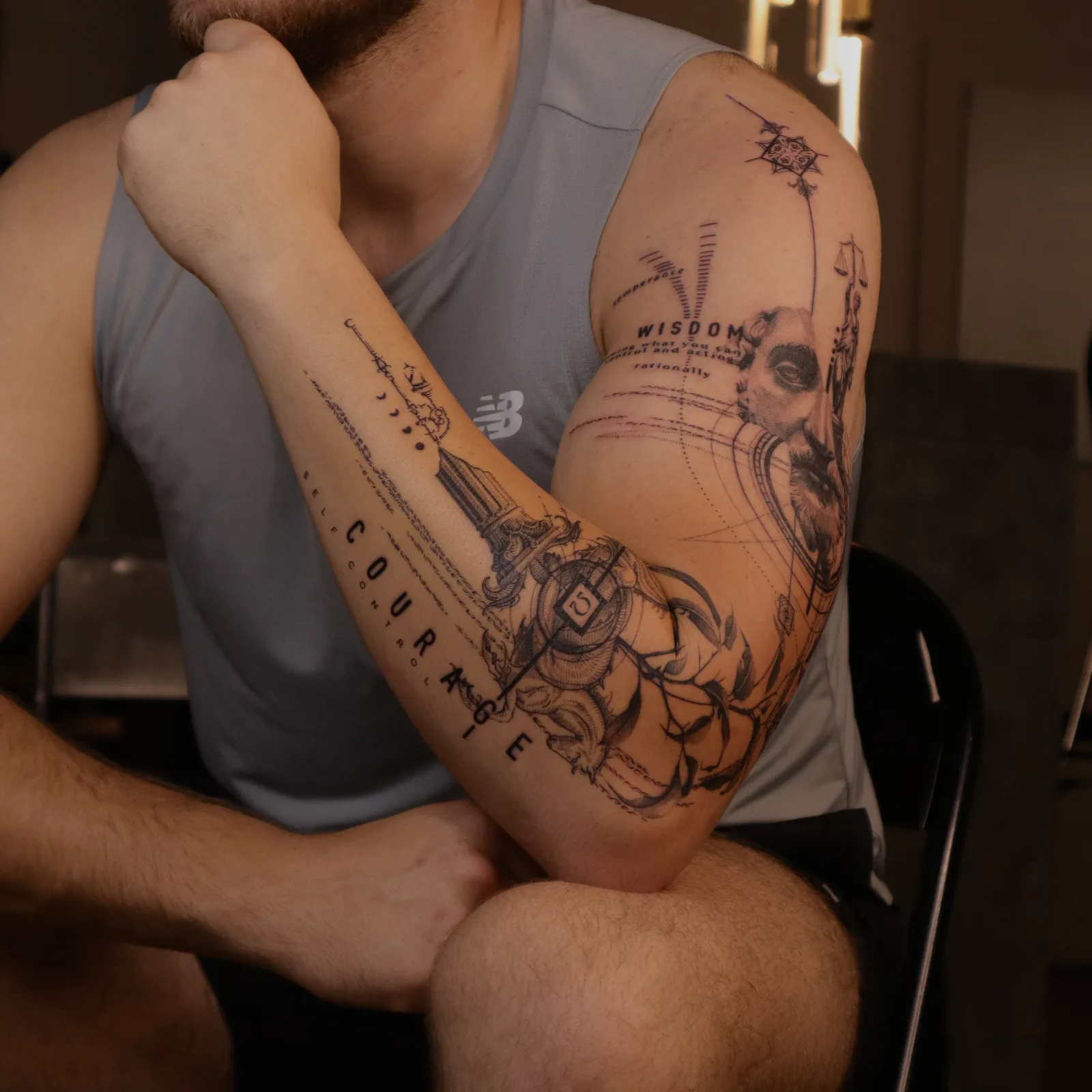 Conceptual sleeve tattoo with lettering by Alfie Watson at SANS PATRIE/ STUDIO