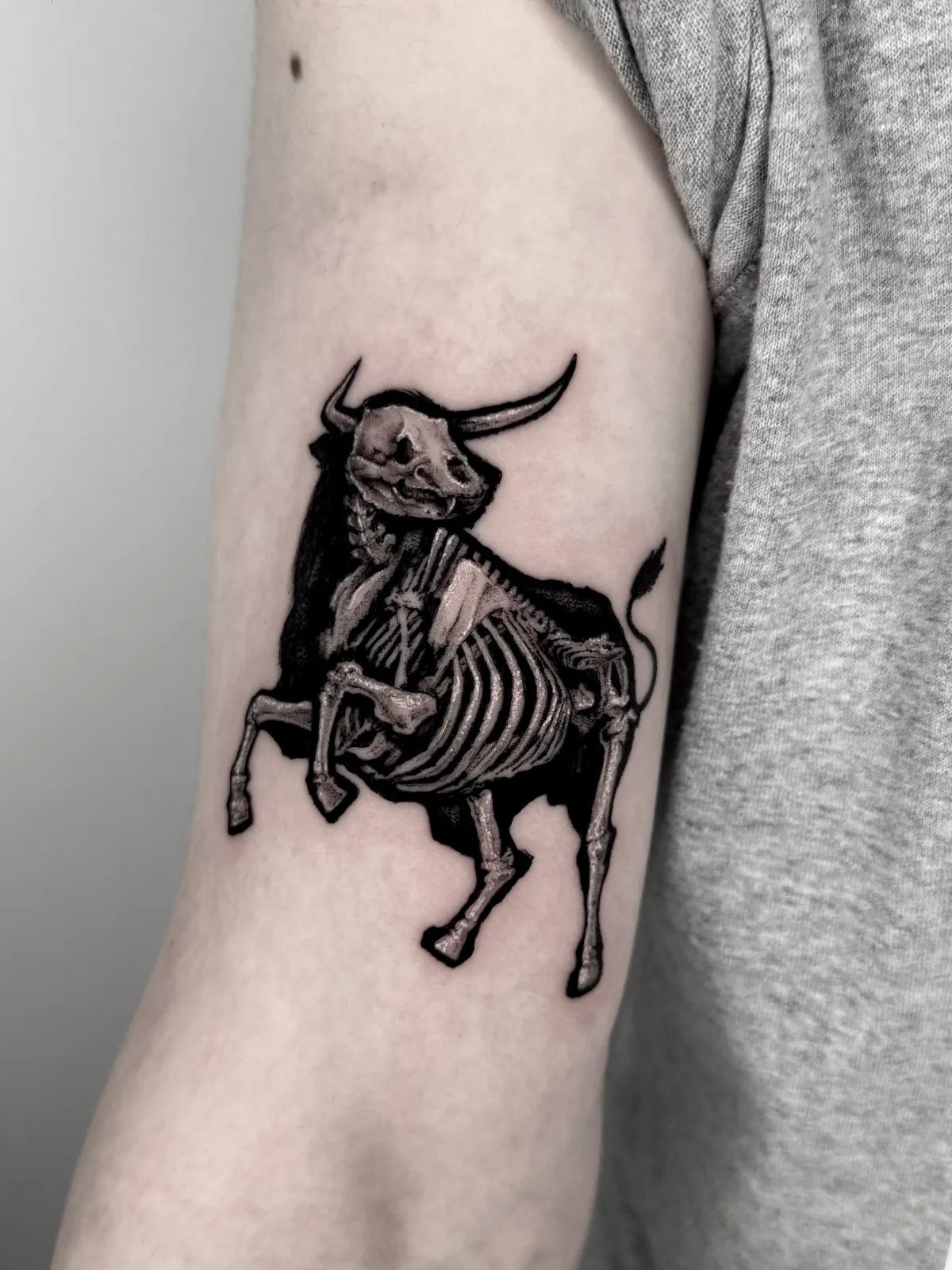 Blackwork skeletal bull tattoo by Sora at SANS PATRIE/ STUDIO