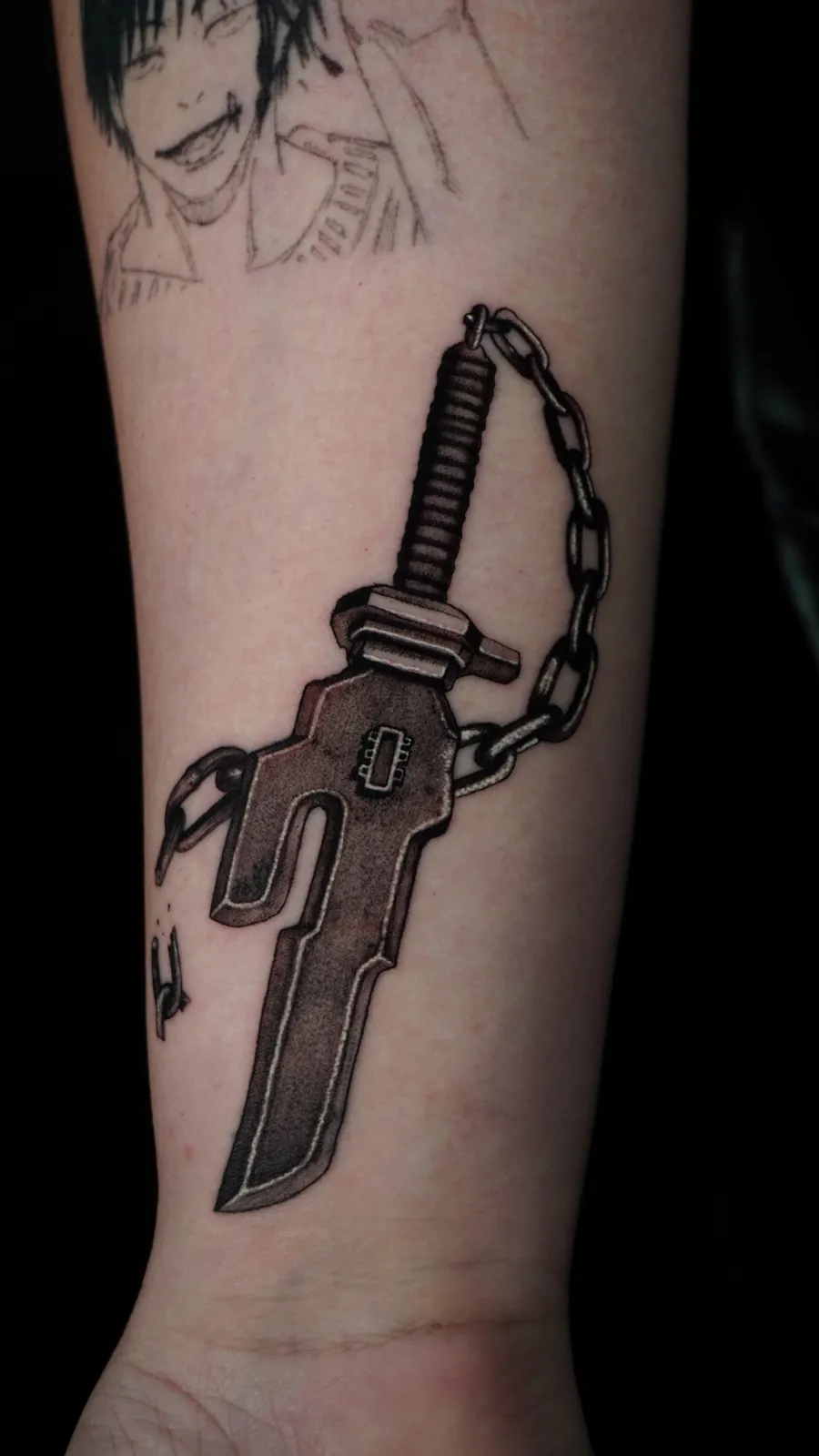 Black and grey anime sword and chain tattoo by Draco at SANS PATRIE/ STUDIO