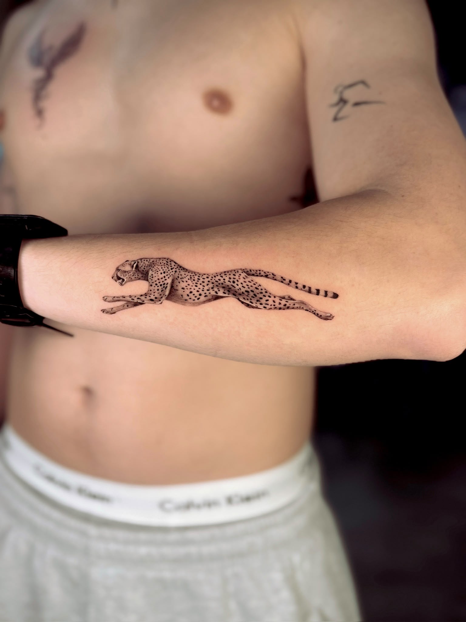 Fine line cheetah forearm tattoo by Ruth Bitton at SANS PATRIE/ STUDIO