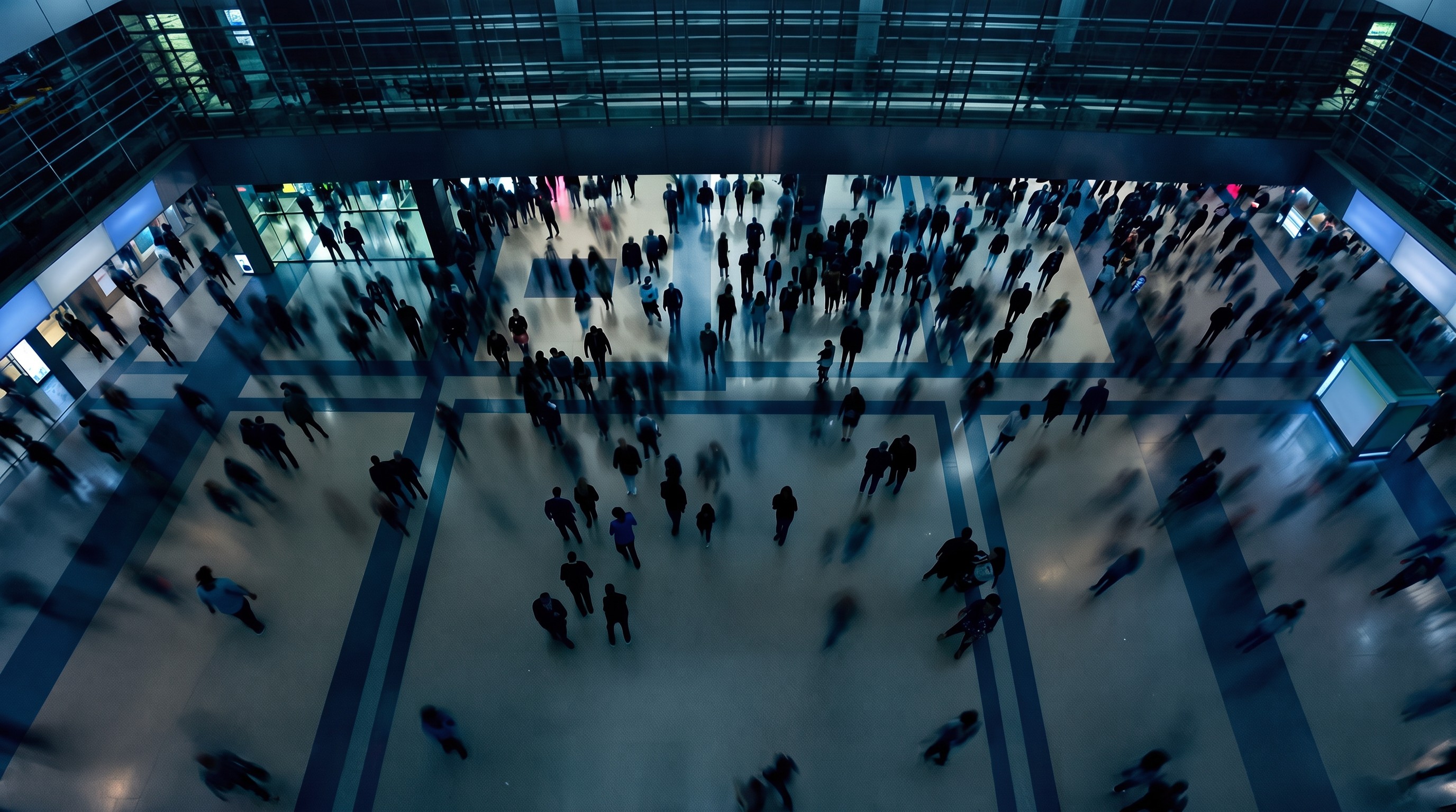 Crowds moving through a stadium concourse at night.