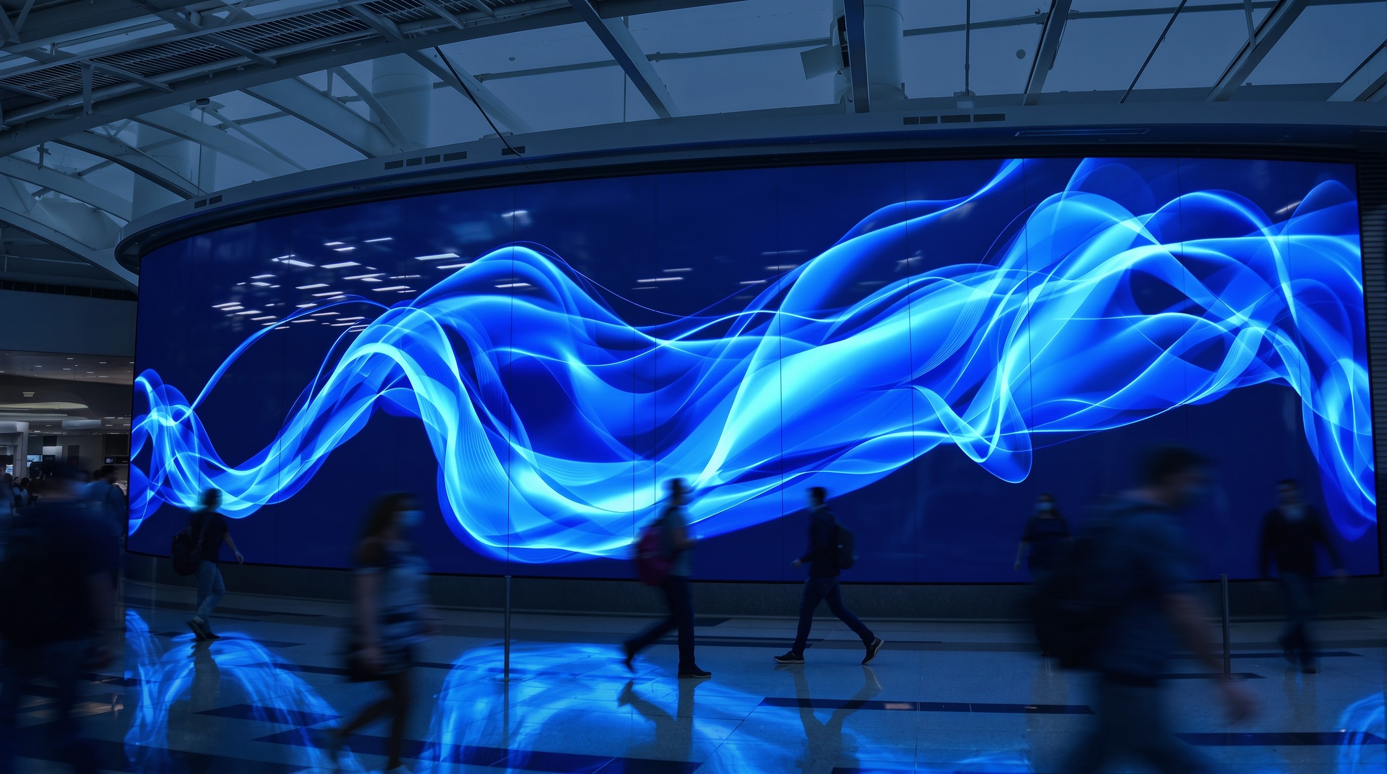 Large digital signage display in an airport terminal at blue hour.