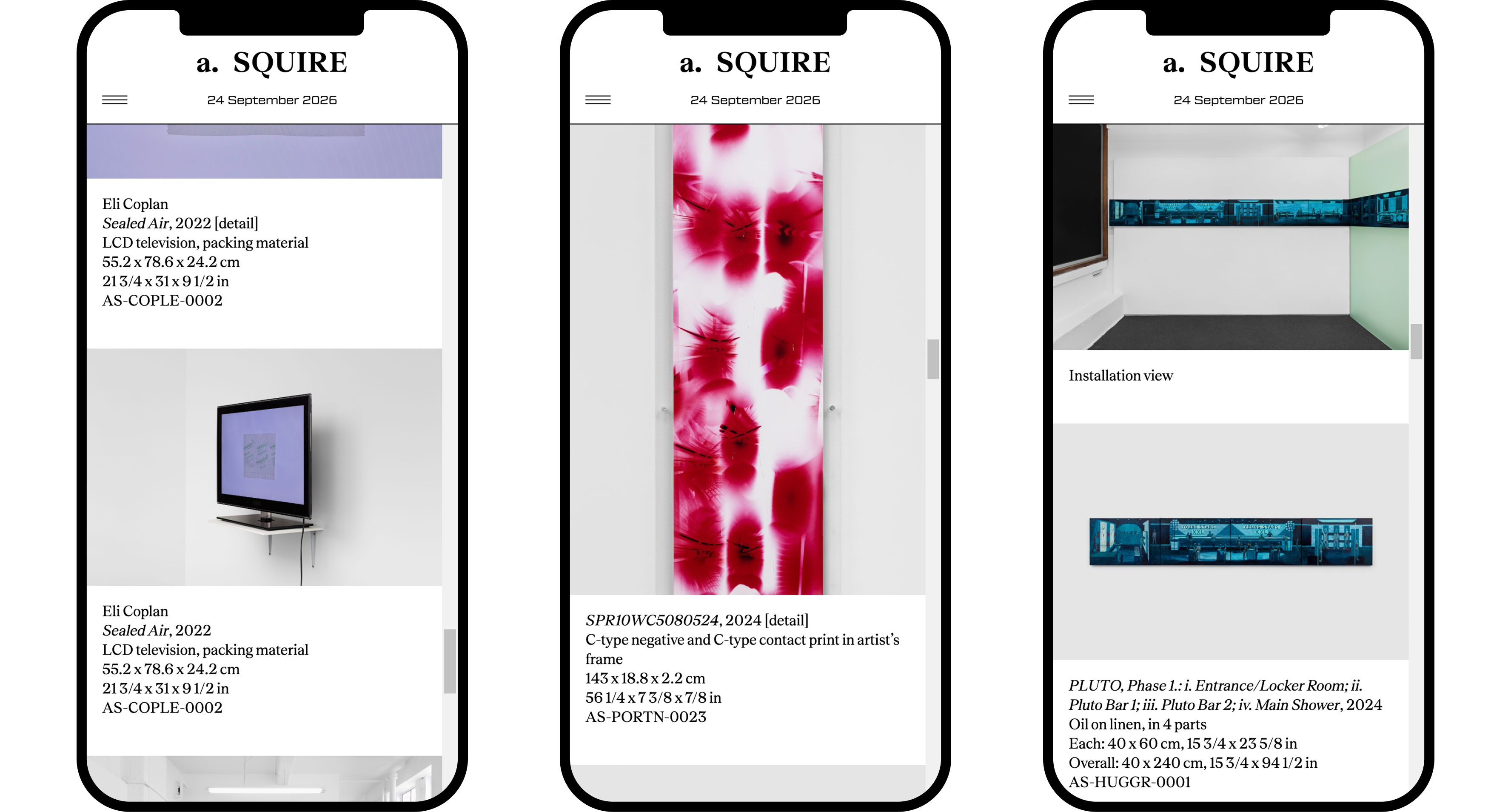 Three mobile views of the a. Squire website