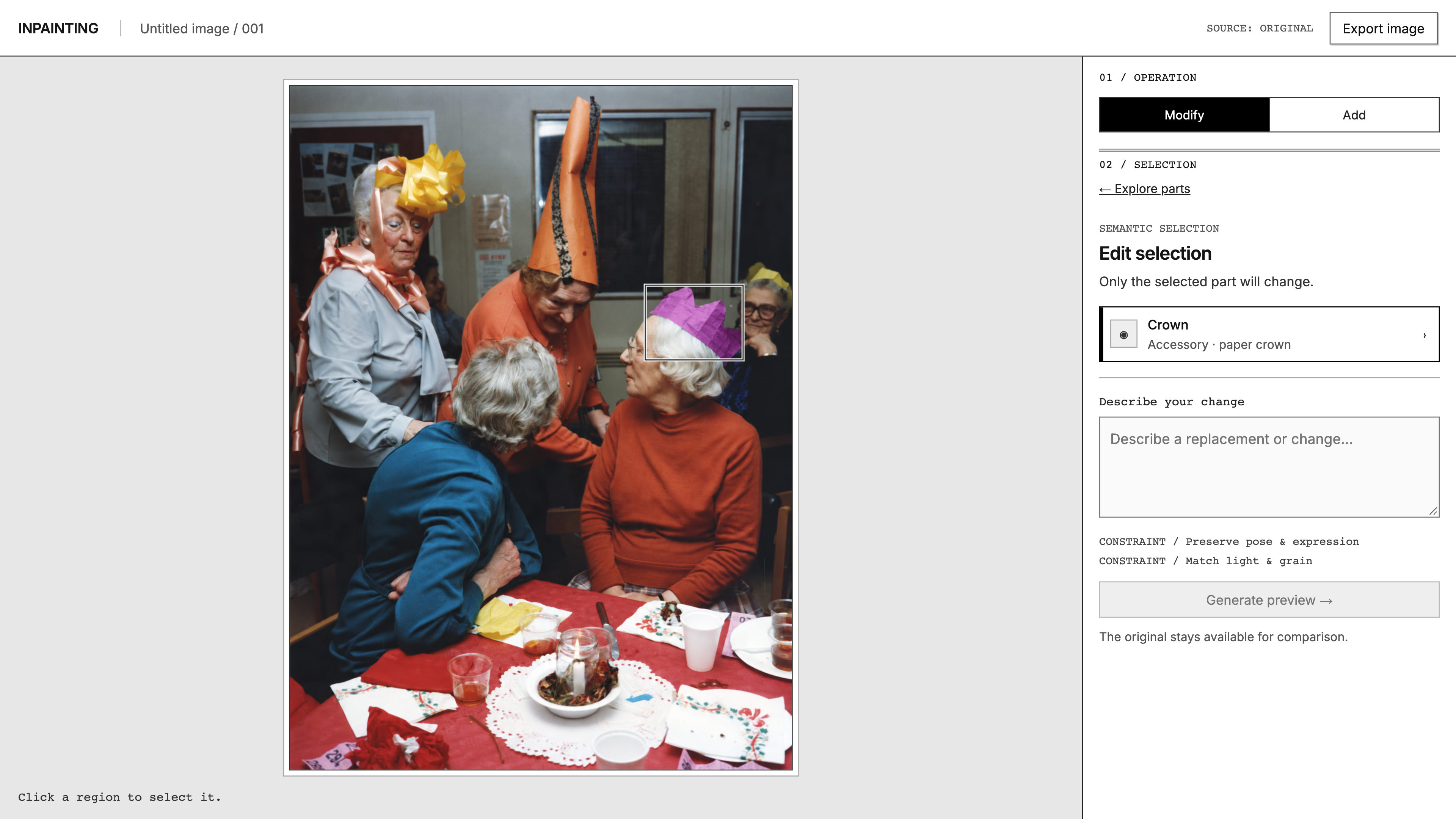 Generative image editing interface with a paper crown selected for modification