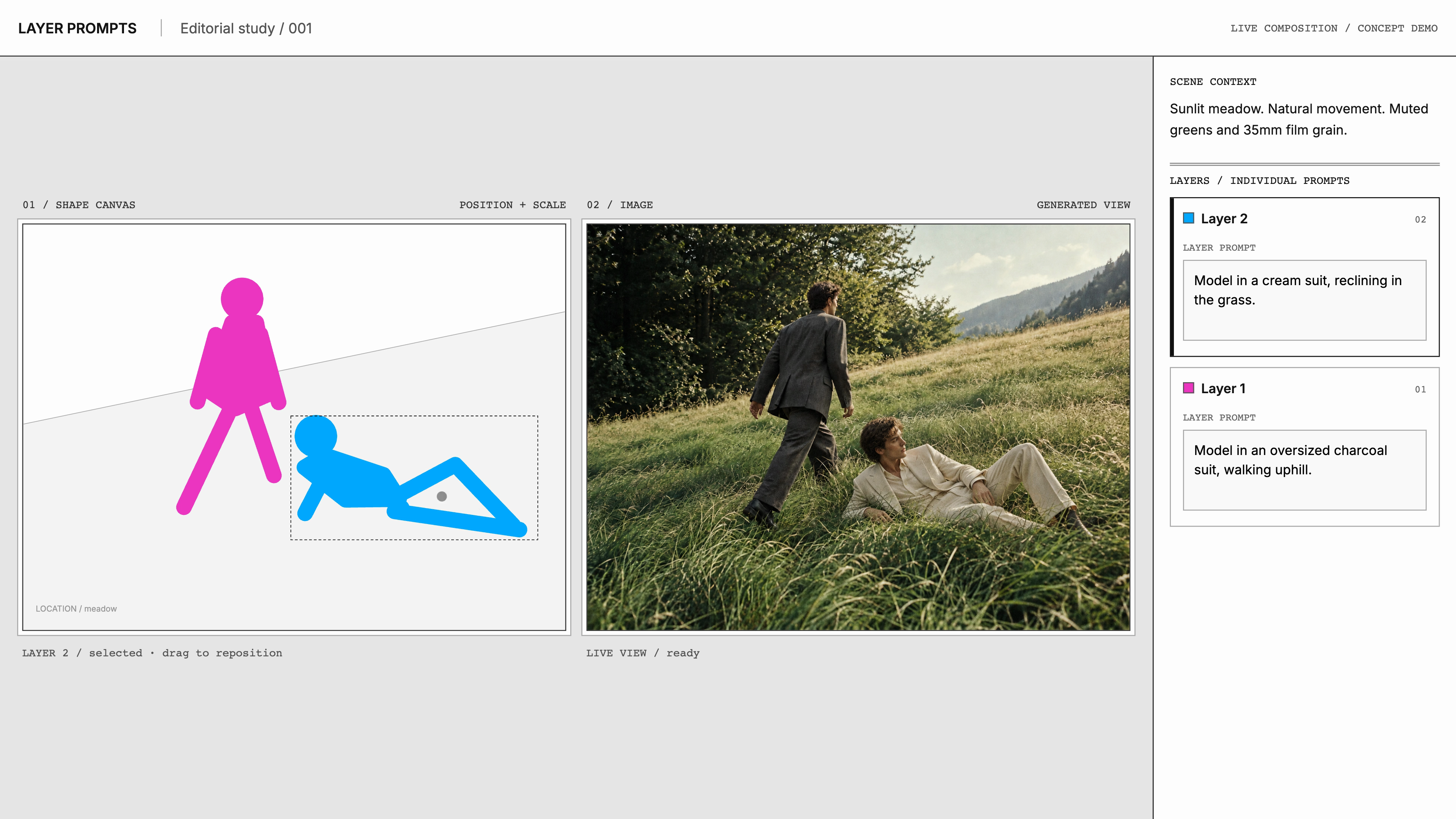 Compose the scene by positioning independently prompted layers