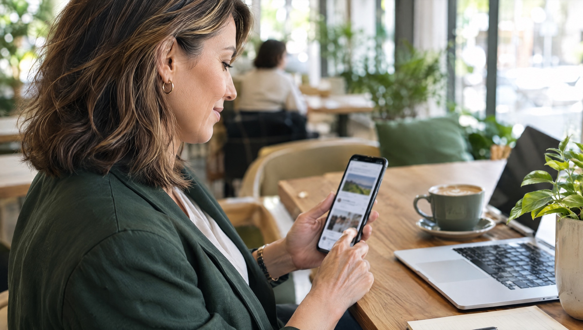 Woman in a cafe scrolling a social media feed on her phone