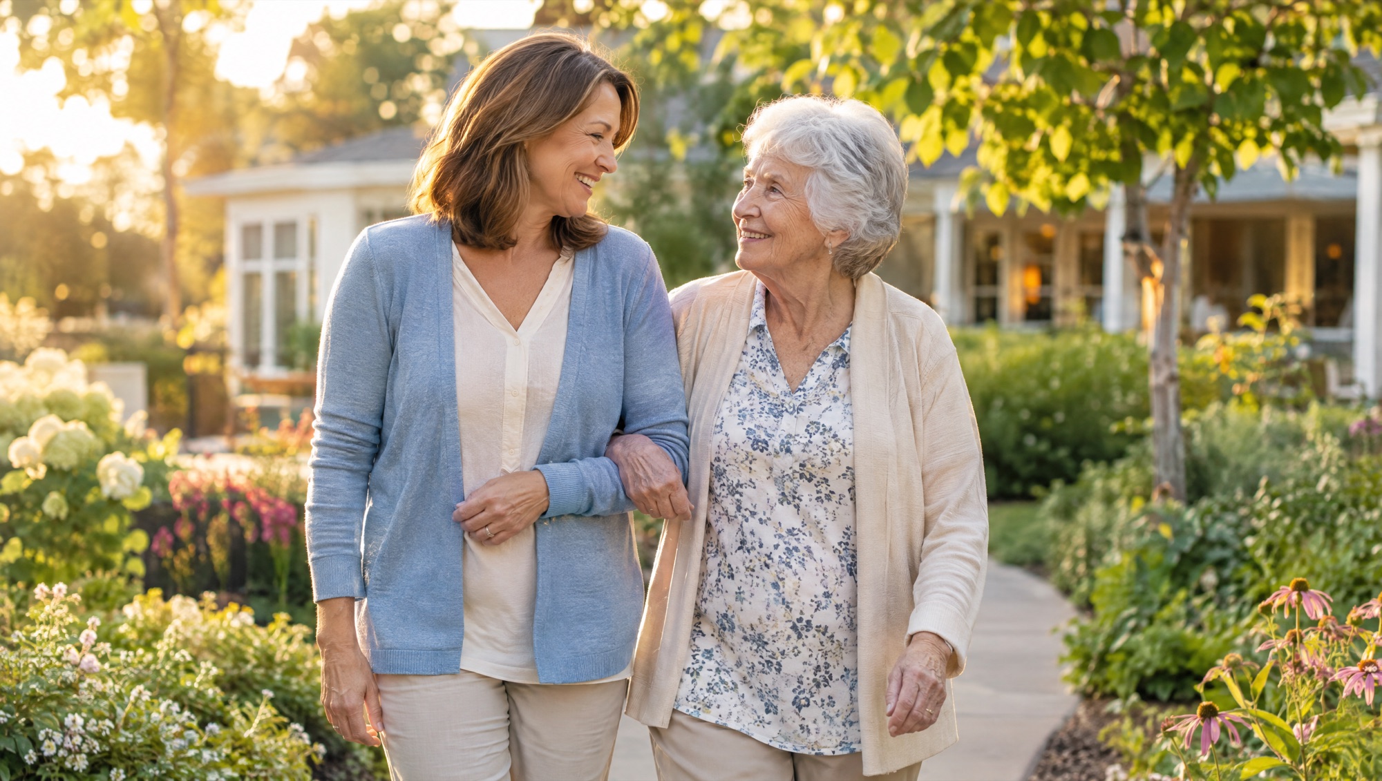 Adult daughter walking arm in arm with her elderly mother at a senior living community