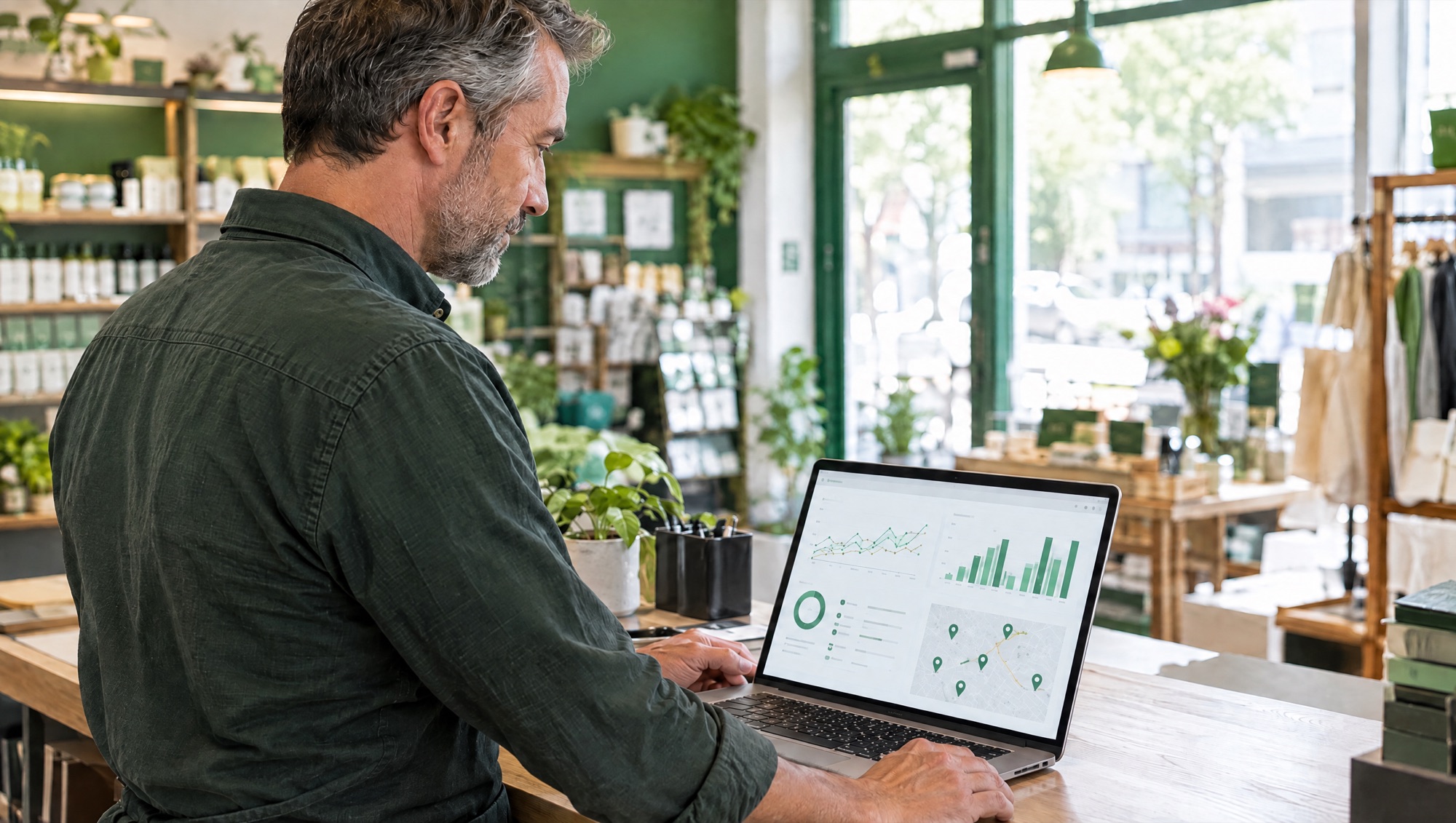 Small business owner reviewing a campaign analytics dashboard on a laptop in his shop