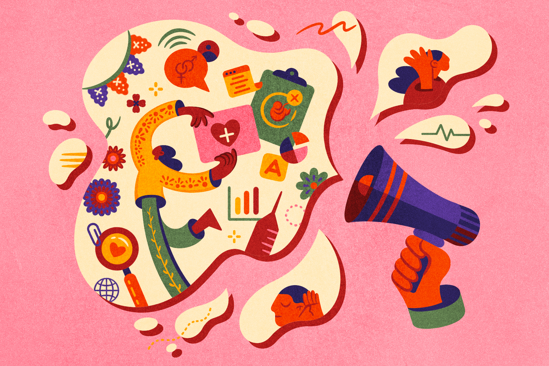 Illustration of Latinx health workers helping New Jersey's Latinx immigrants understand their reproductive rights