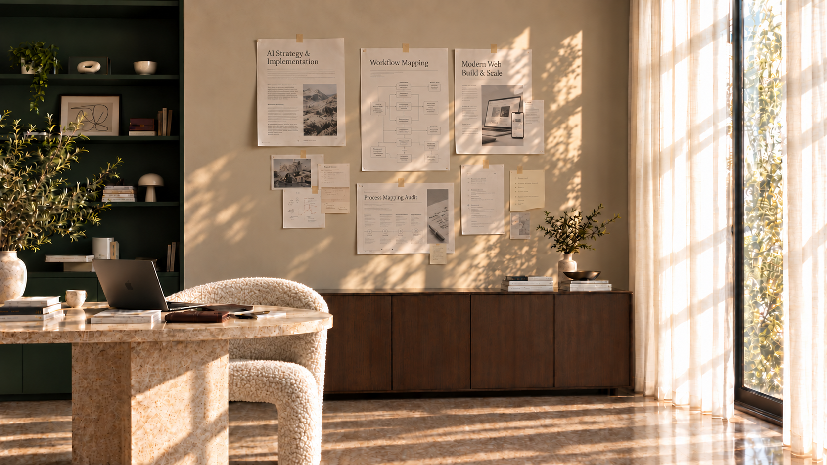 A calm, sunlit studio with a stone desk, laptop and framed prints on the wall.