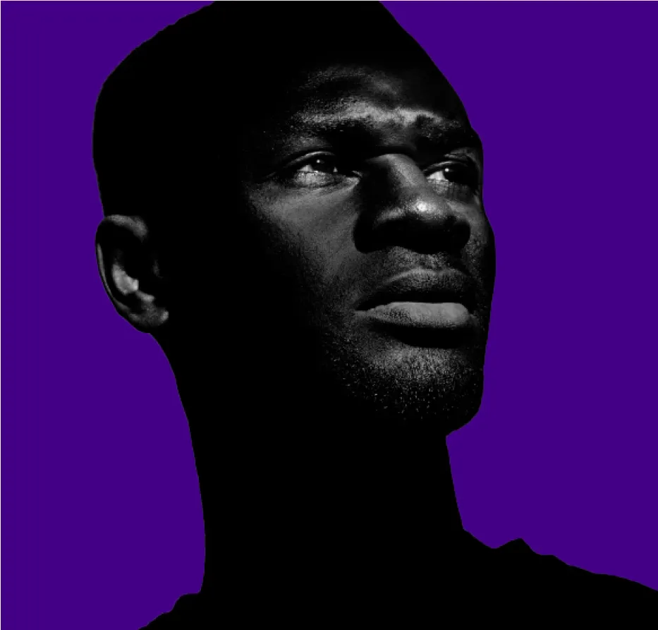 Black and white portrait on a purple background