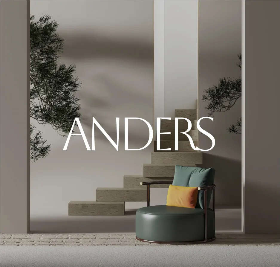 Anders wordmark over a lounge chair and staircase