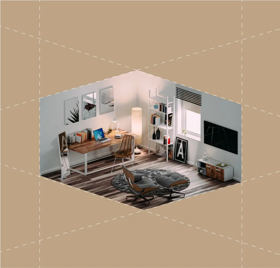 Isometric render of a furnished home office
