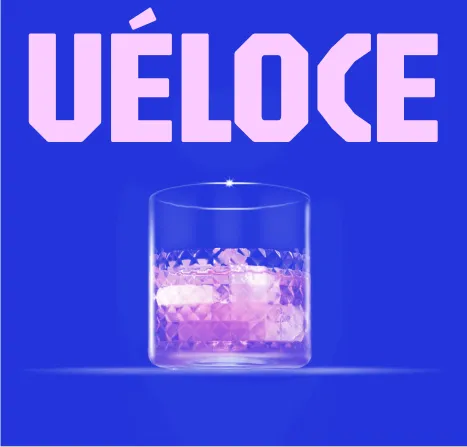 Veloce wordmark above a glass on blue