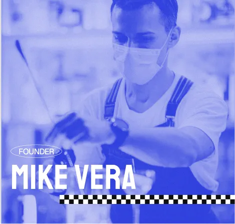 Blue duotone founder portrait for Veloce