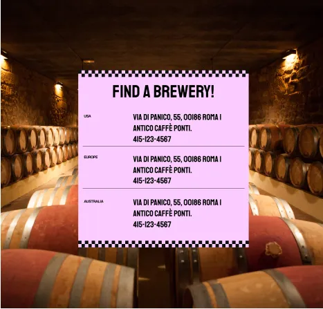 Find a brewery card over wine barrels