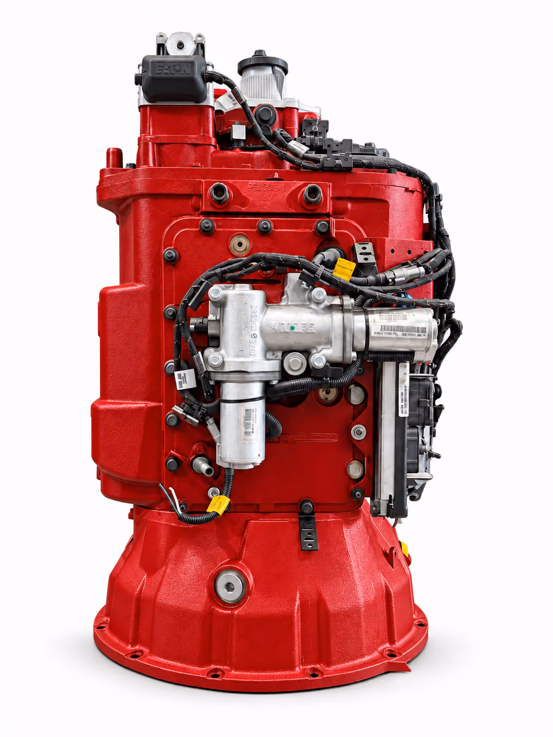 Red automated truck transmission with electronic shift components, representative studio illustration