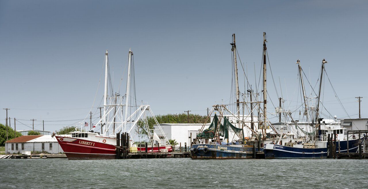 Shrimp boats moored in Redfish Bay at Aransas Pass