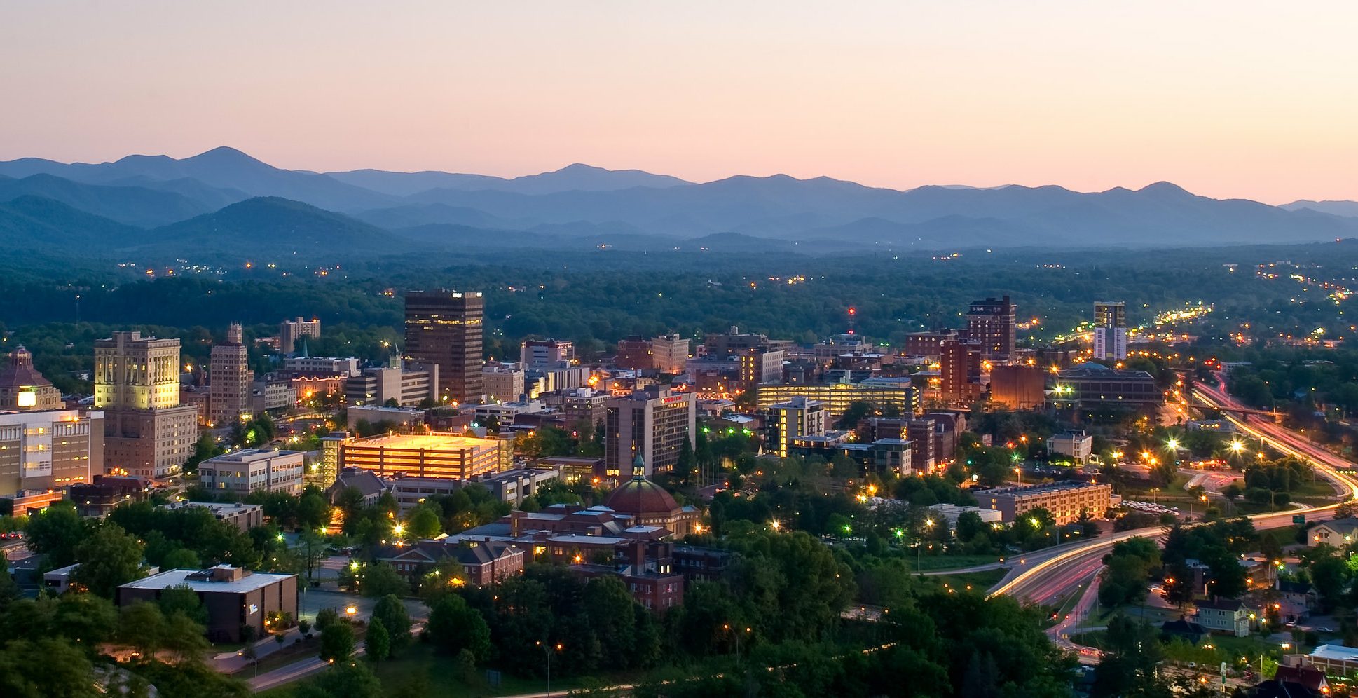 Downtown Asheville at dusk