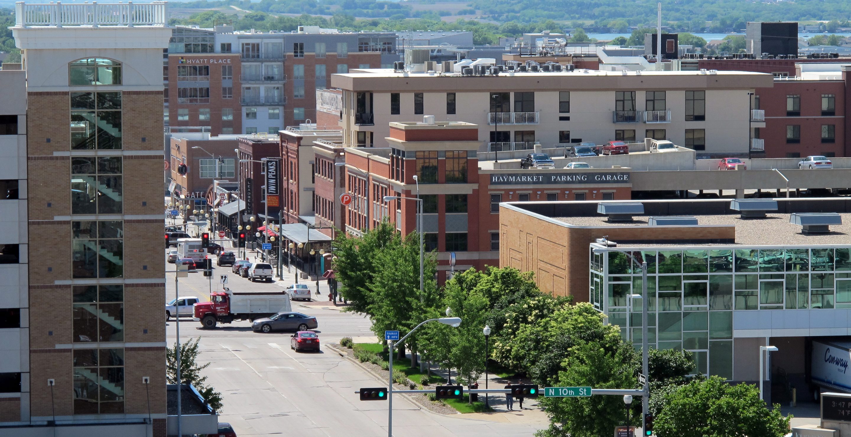 Aerial view of the old Haymarket and West Haymarket, Lincoln, Nebraska, USA
