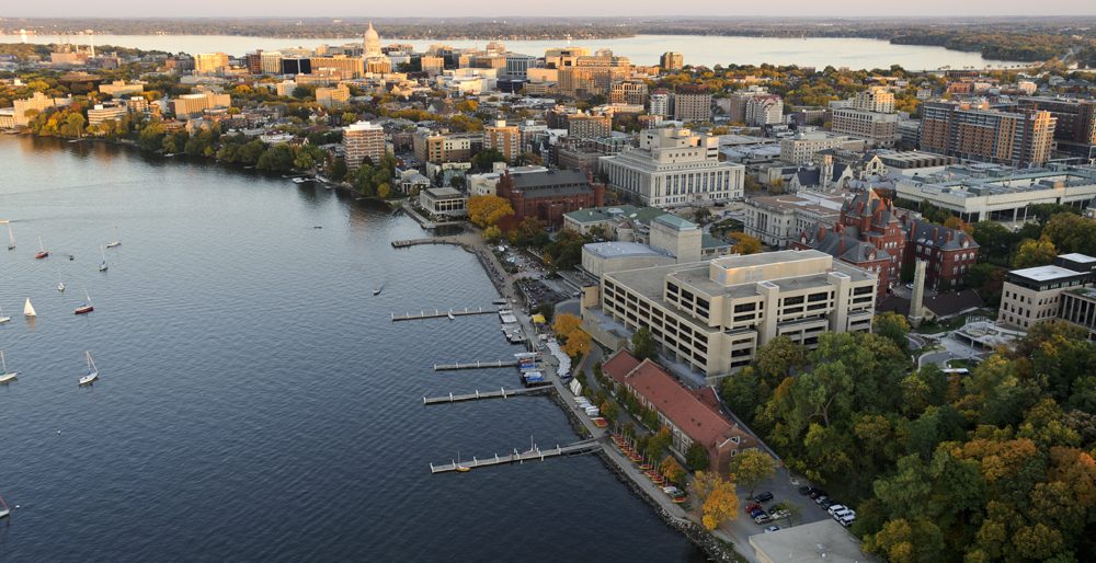 Aerial View of Campus, with Helen C. White Hall in foreground