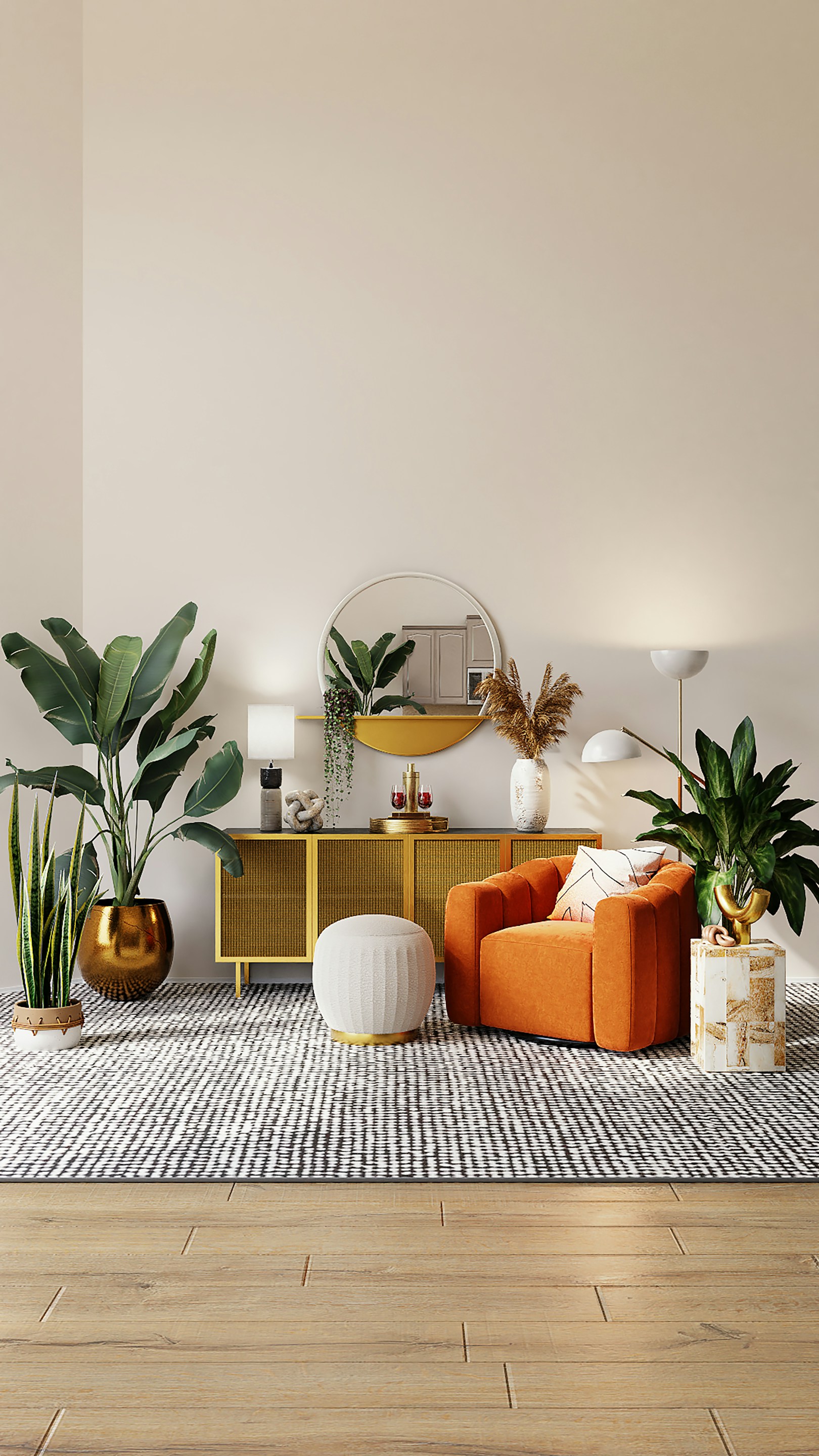 A bright living room with an orange armchair and plants