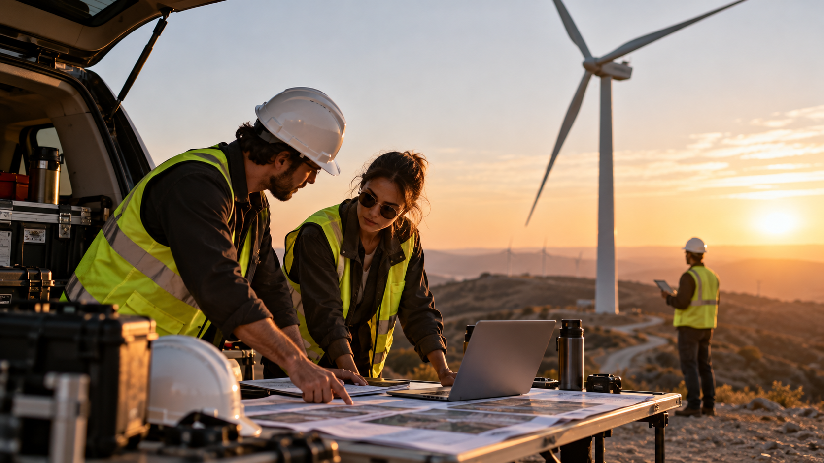 Engineers reviewing plans at a wind farm