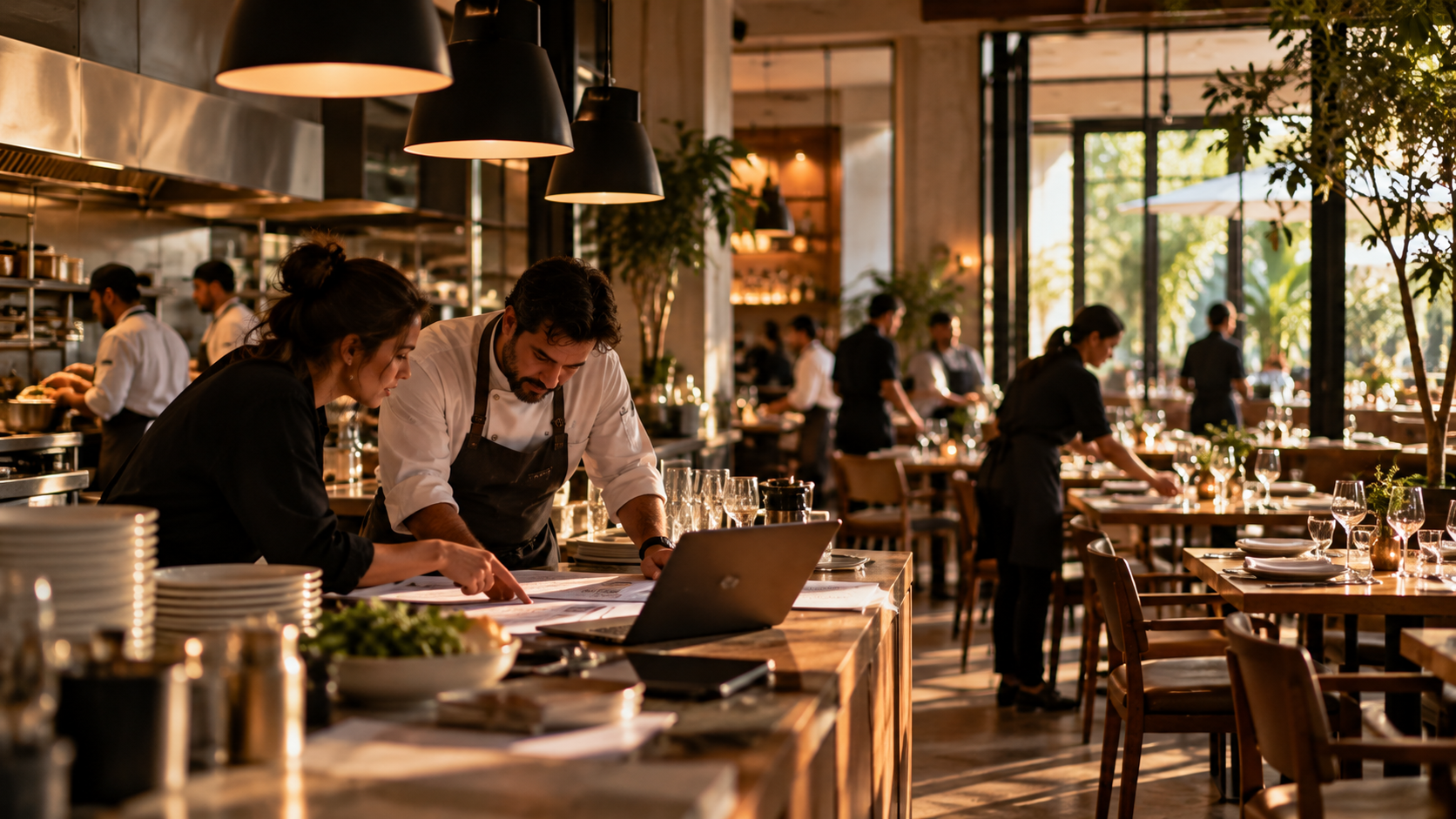 Restaurant team reviewing documents in a kitchen