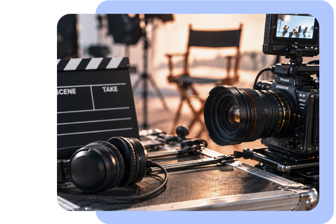 Film production camera, clapperboard and headphones