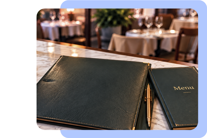 Restaurant menus on a marble table