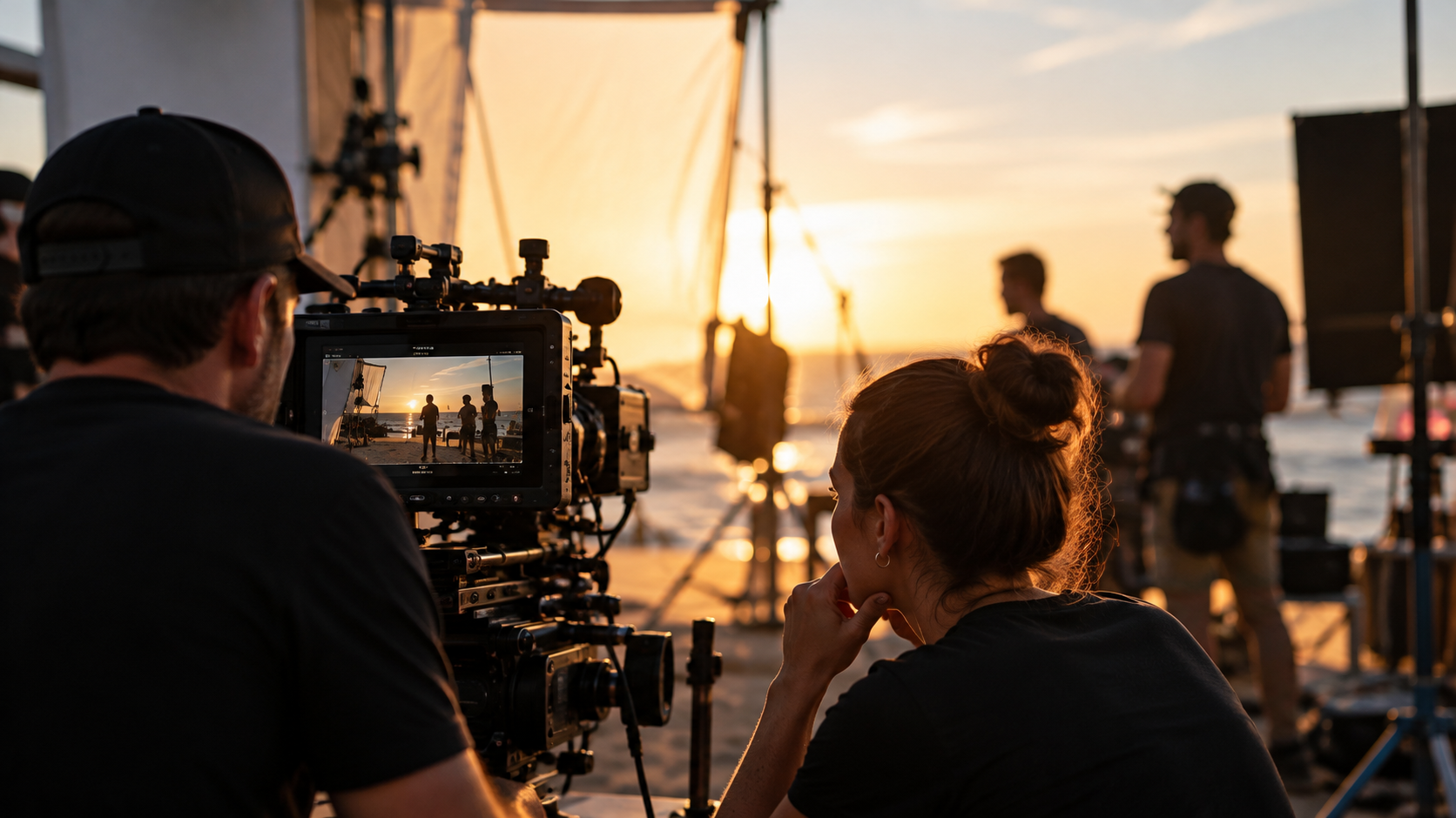 Film crew shooting on set at sunset