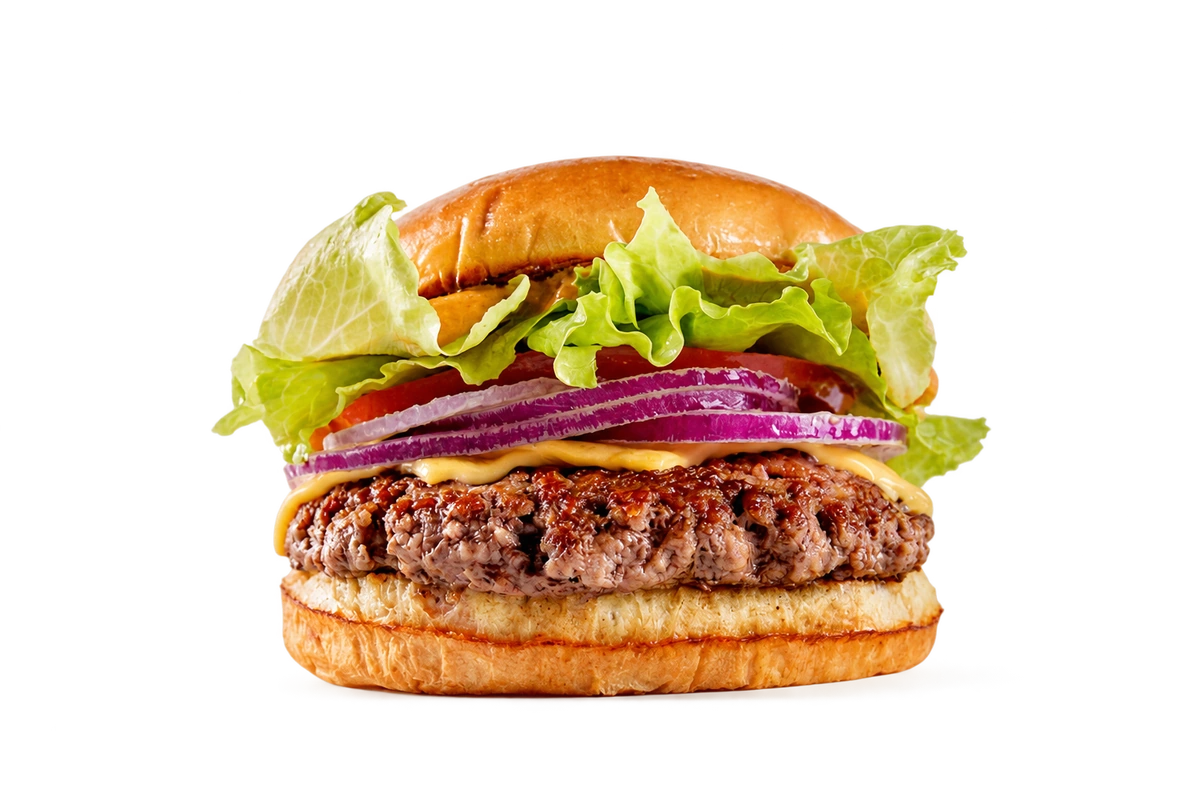Stencil do Bullguer: smash burger com queijo prato, alface, tomate e cebola roxa