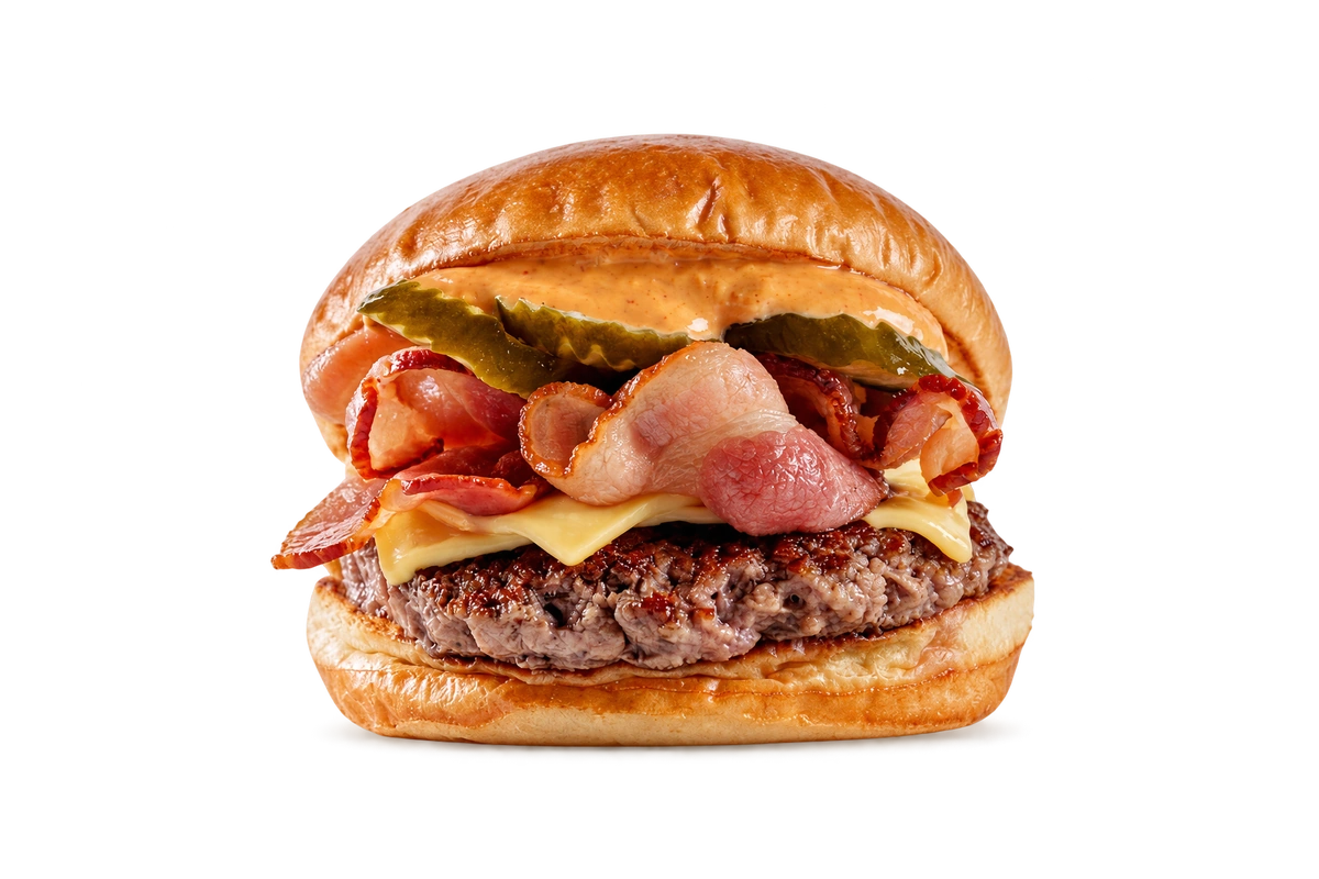 Lumberjack do Bullguer: smash burger com bacon, picles e queijo prato no pão brioche