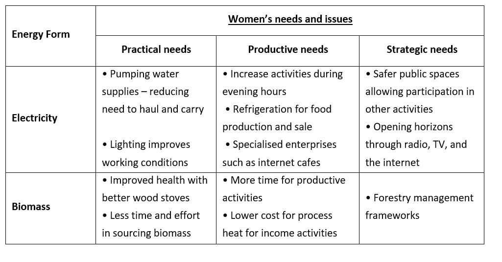 Women’s energy needs and issues graphic