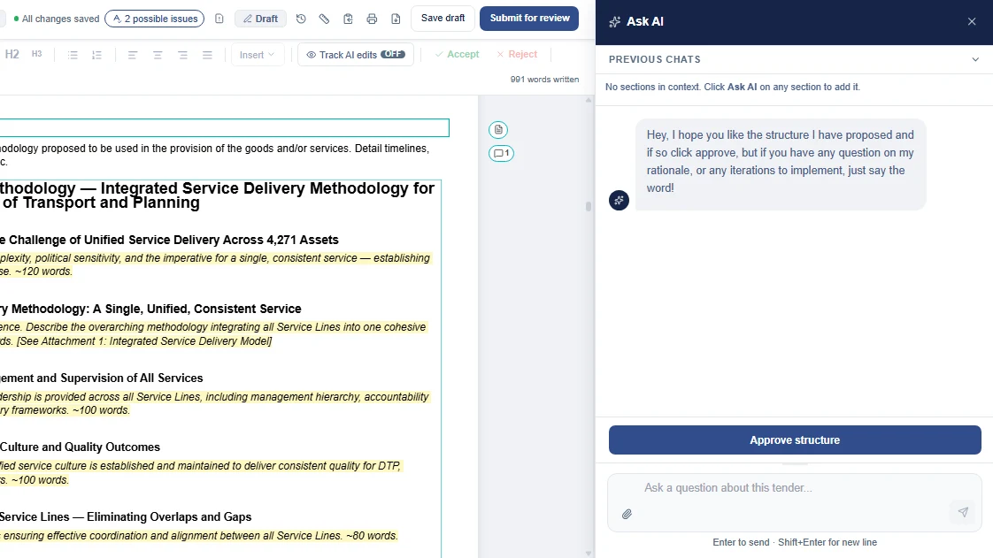 Synthrics response editor with a proposed section structure and the Ask AI assistant panel